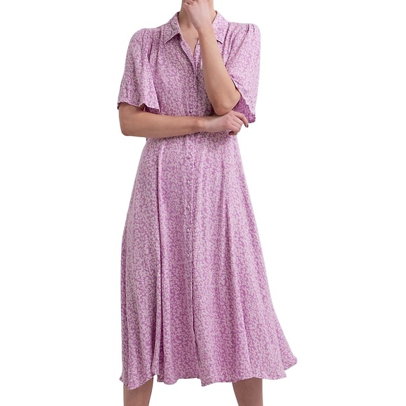 Yas Stelli Flutter-Sleeve Floral Midi Shirtdress Pink White Relaxed Circle S - Picture 5 of 13